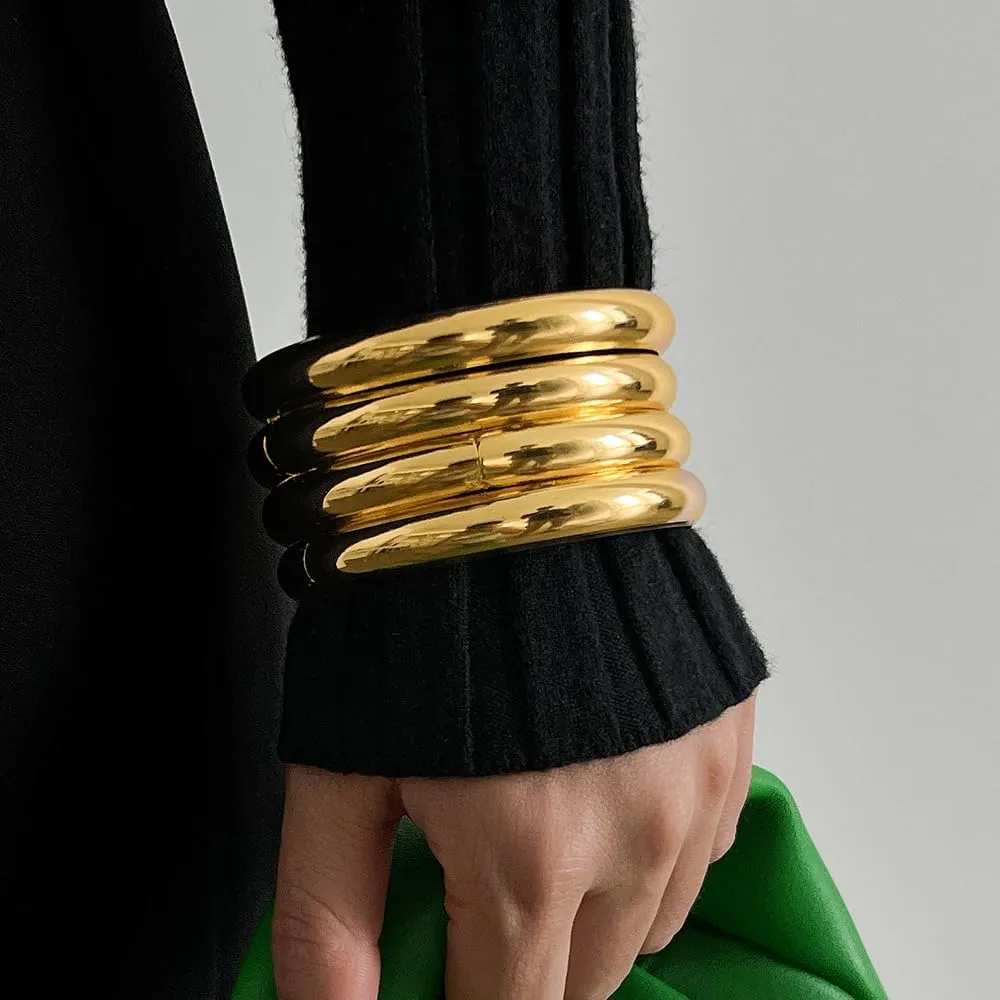 Rrdaily Metal Multilayer Chunky Bracelet Set for Women Retro Layered Wide Gold Bangle Trendy Wrist Cuff Bracelets Stack Statement Fashion Jewelry Gift