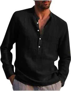 RTRDE Men's Long Sleeve Shirts Summer Casual Cotton Linen Solid Color Shirts Loose Stand Collar Shirts Tshirts, M-3XL