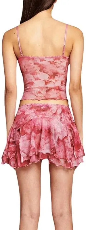 Ruffle Mesh 2 Piece Skirt Sets 3D Floral Fringed Crop Top Low Waist Tie Dye Bodycon Mini Skirt Y2K Trendy Outfits
