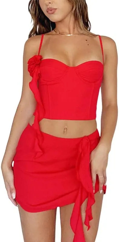 Ruffle Mesh 2 Piece Skirt Sets 3D Floral Fringed Crop Top Low Waist Tie Dye Bodycon Mini Skirt Y2K Trendy Outfits