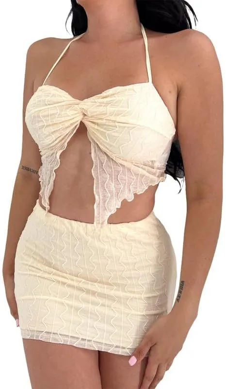 Ruffle Mesh 2 Piece Skirt Sets 3D Floral Fringed Crop Top Low Waist Tie Dye Bodycon Mini Skirt Y2K Trendy Outfits