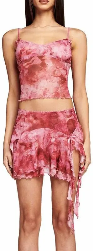 Ruffle Mesh 2 Piece Skirt Sets 3D Floral Fringed Crop Top Low Waist Tie Dye Bodycon Mini Skirt Y2K Trendy Outfits