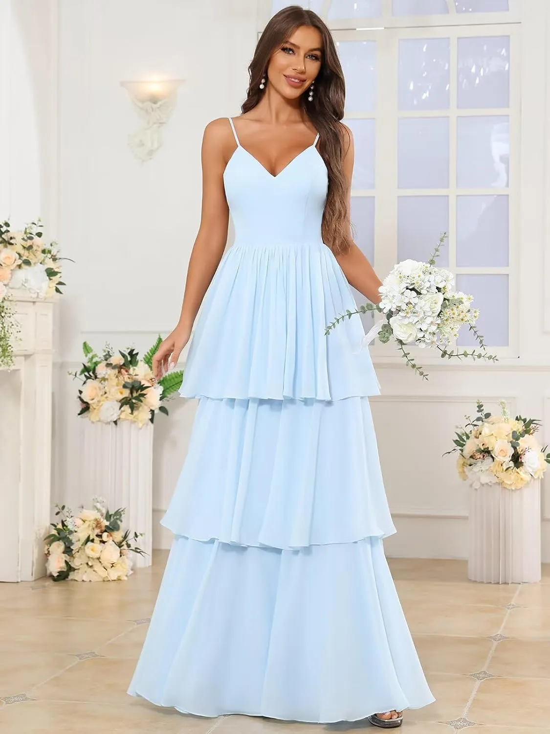 Ruffle Prom Dresses 2024 Tiered Chiffon Bridesmaid Dresses for Women Long Spaghetti Straps Formal Dress