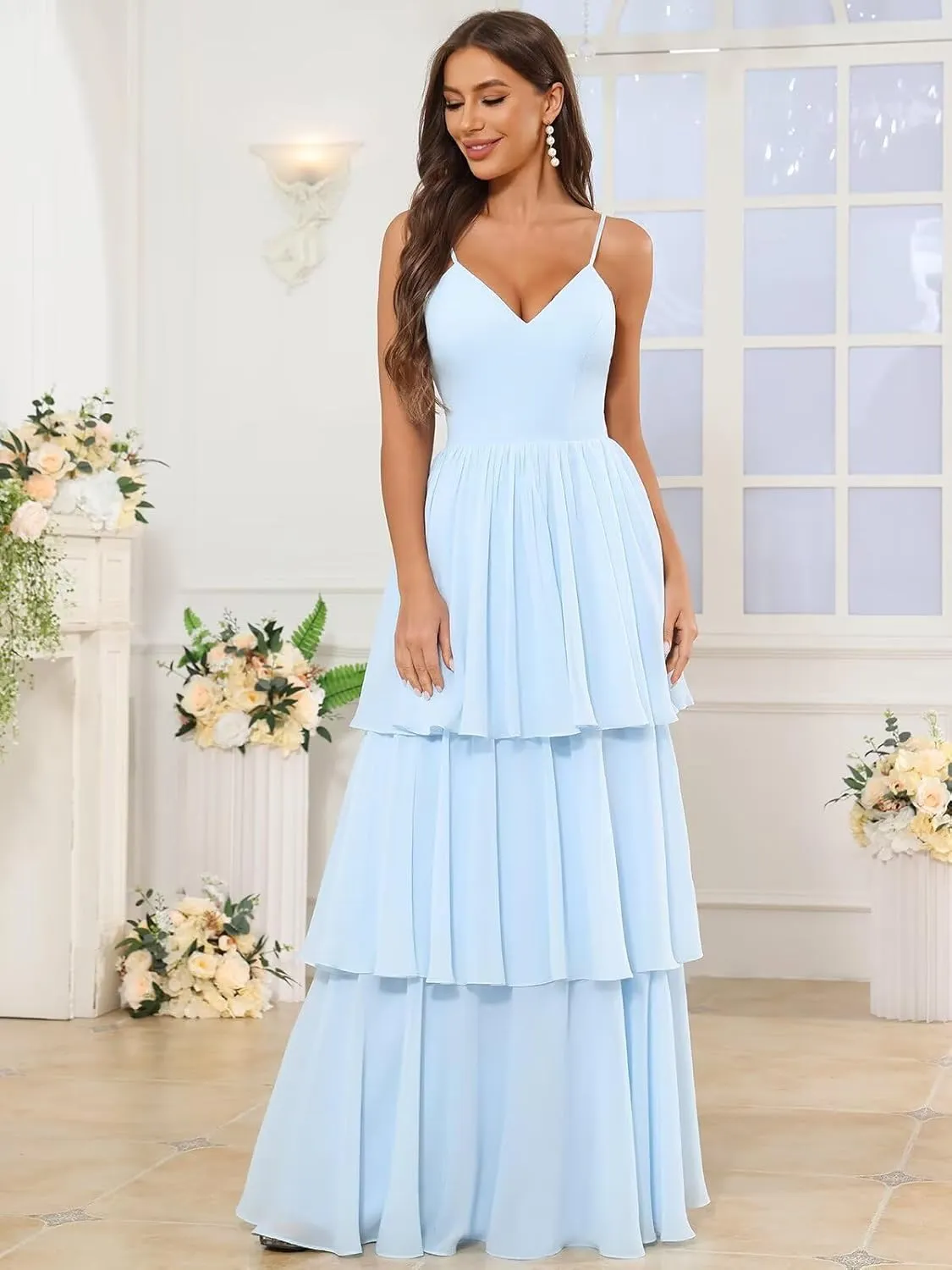 Ruffle Prom Dresses 2024 Tiered Chiffon Bridesmaid Dresses for Women Long Spaghetti Straps Formal Dress