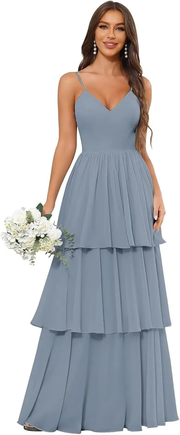 Ruffle Prom Dresses 2024 Tiered Chiffon Bridesmaid Dresses for Women Long Spaghetti Straps Formal Dress