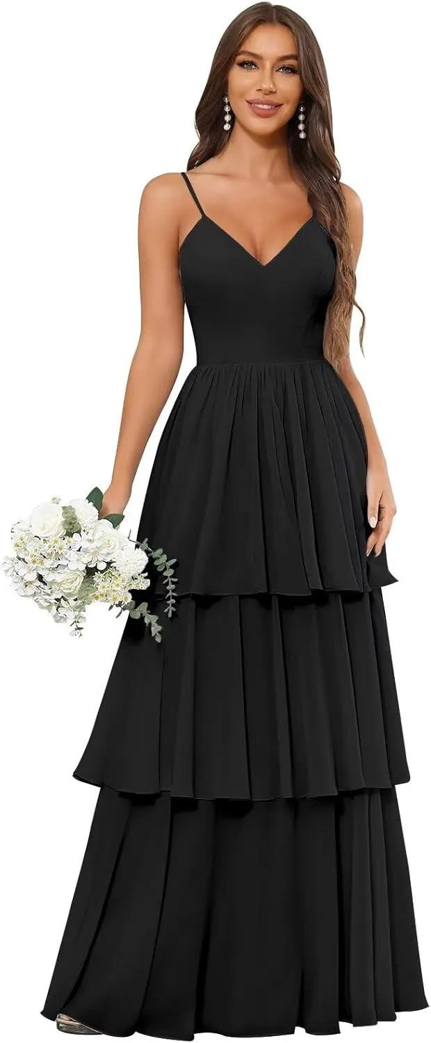 Ruffle Prom Dresses 2024 Tiered Chiffon Bridesmaid Dresses for Women Long Spaghetti Straps Formal Dress
