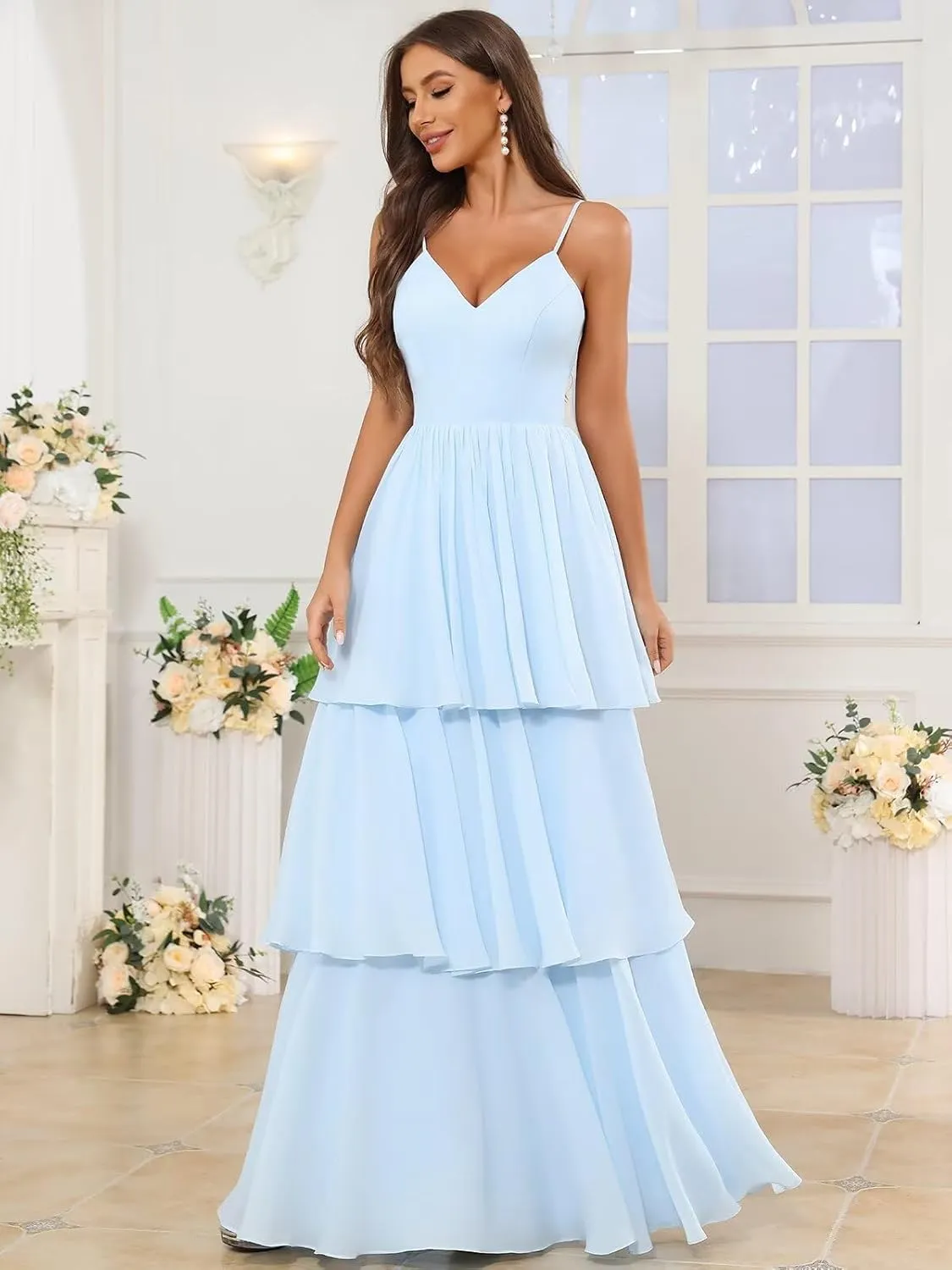 Ruffle Prom Dresses 2024 Tiered Chiffon Bridesmaid Dresses for Women Long Spaghetti Straps Formal Dress
