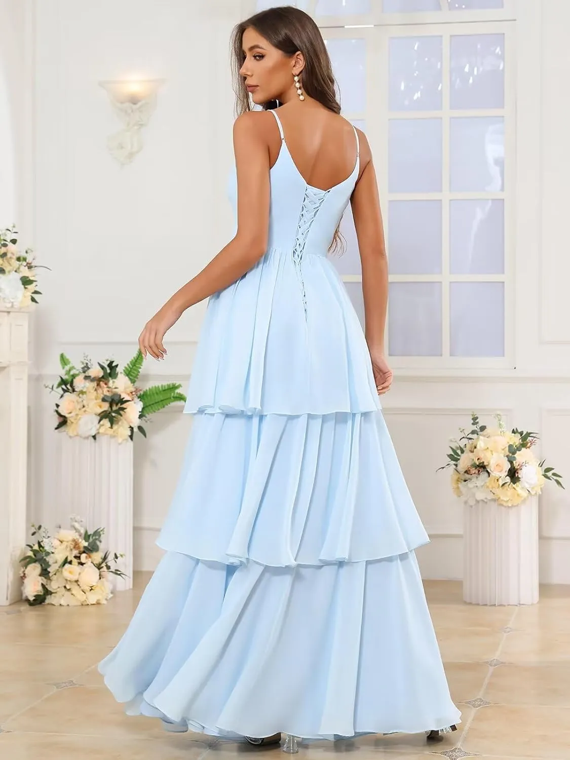 Ruffle Prom Dresses 2024 Tiered Chiffon Bridesmaid Dresses for Women Long Spaghetti Straps Formal Dress