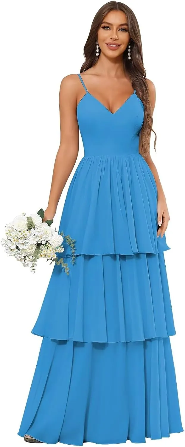 Ruffle Prom Dresses 2024 Tiered Chiffon Bridesmaid Dresses for Women Long Spaghetti Straps Formal Dress