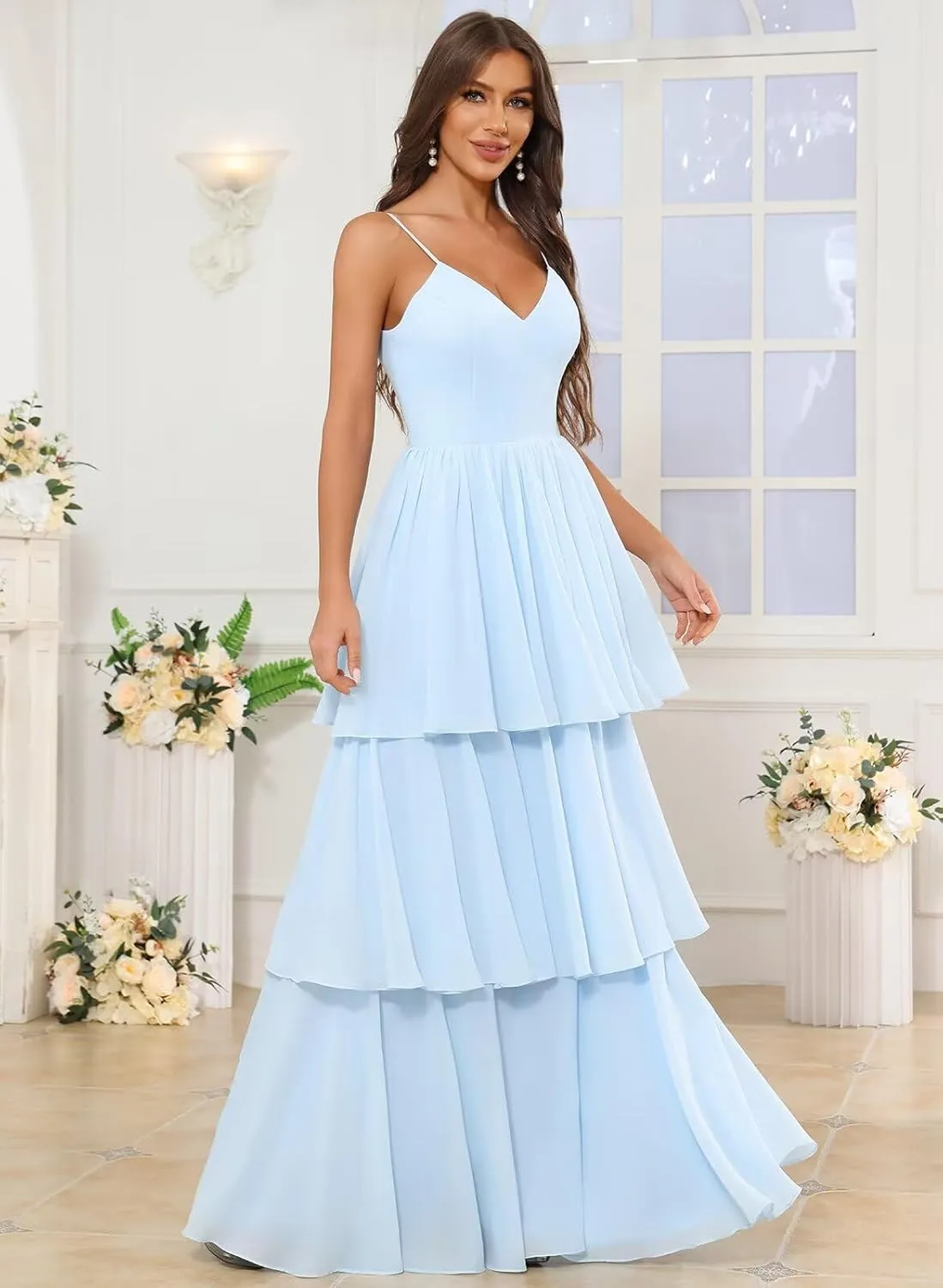 Ruffle Prom Dresses 2024 Tiered Chiffon Bridesmaid Dresses for Women Long Spaghetti Straps Formal Dress