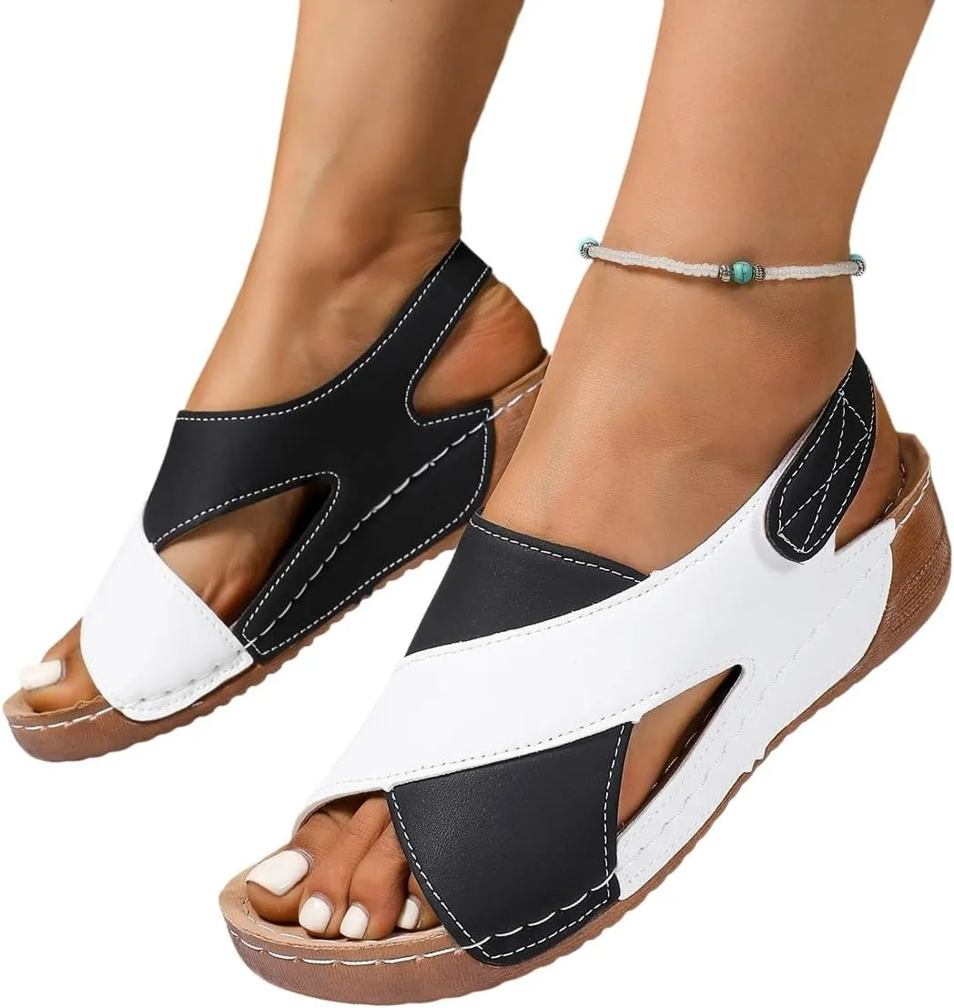 SACFOF Womens Orthopedic Sandals Summer Color Block Arch Support Shoes Casual Ankle Strap Slingback Comfortable Dress Shoes