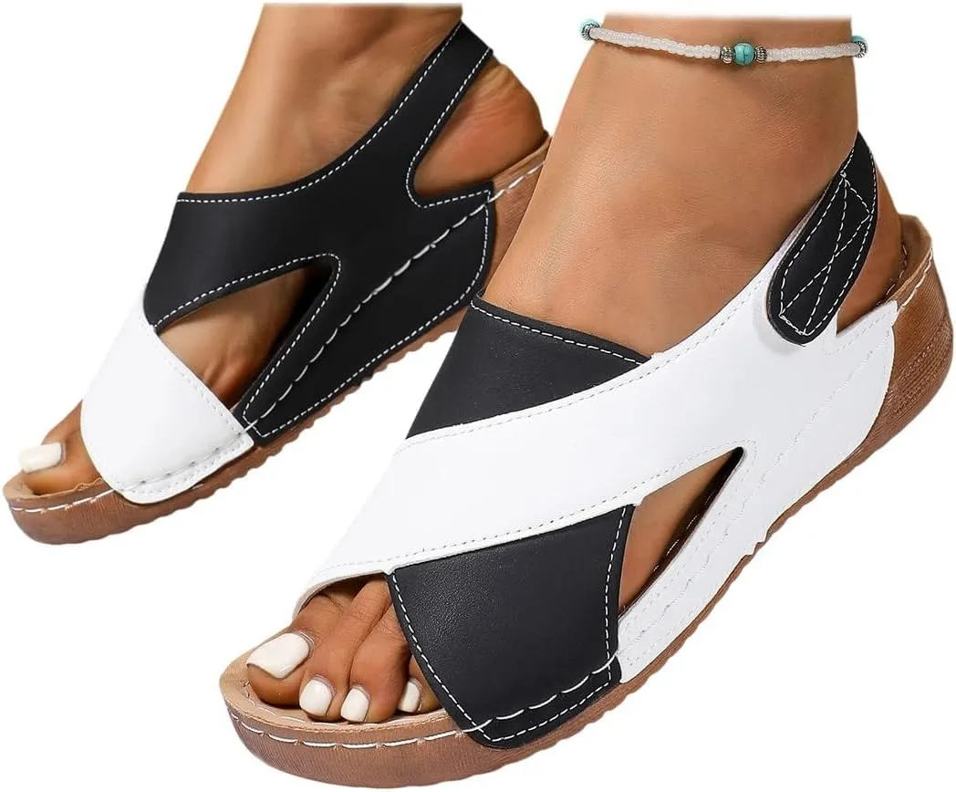 SACFOF Womens Orthopedic Sandals Summer Color Block Arch Support Shoes Casual Ankle Strap Slingback Comfortable Dress Shoes