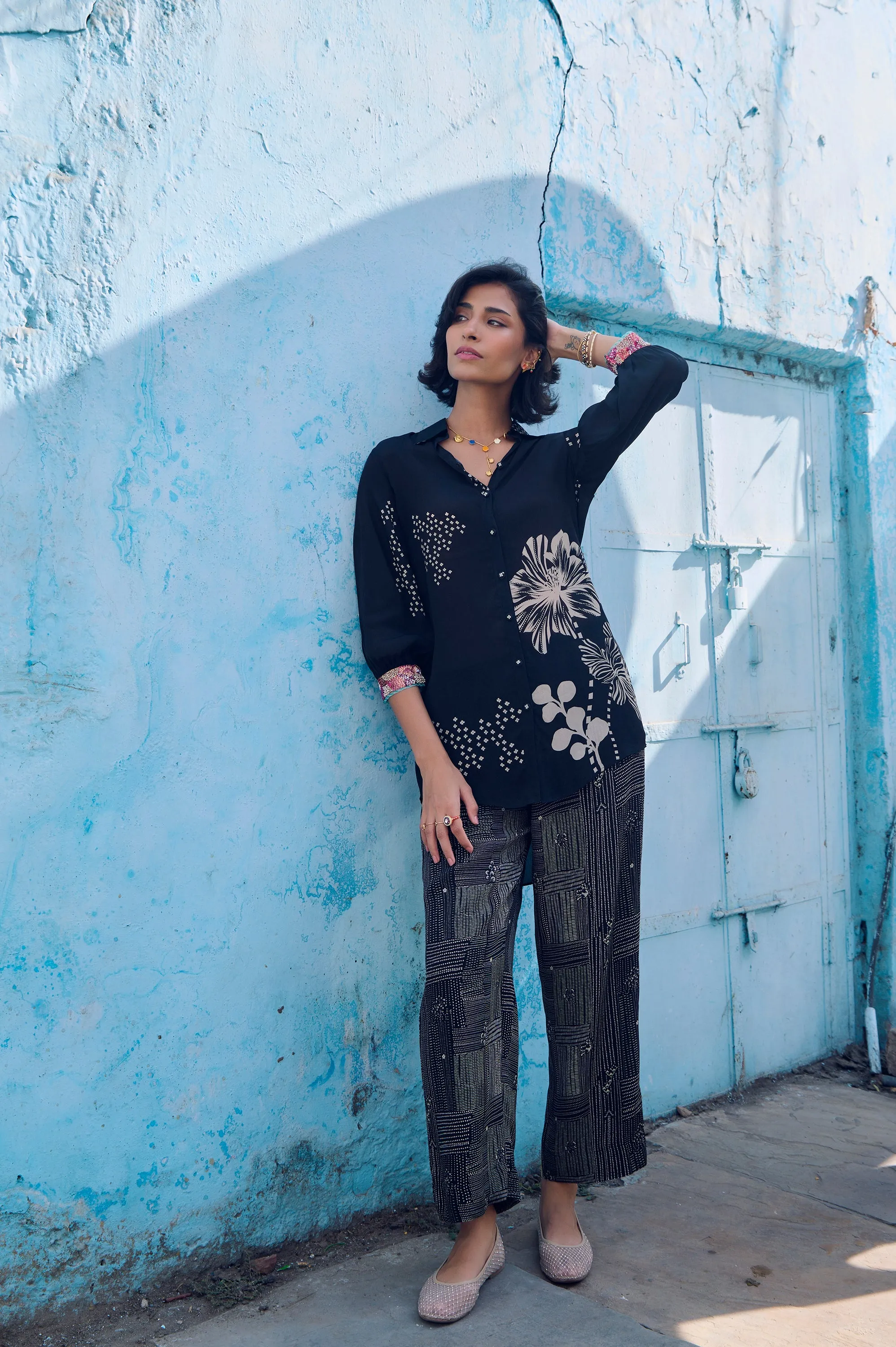 Safar Cuff Embroidered Black Shirt Co-Ord Set