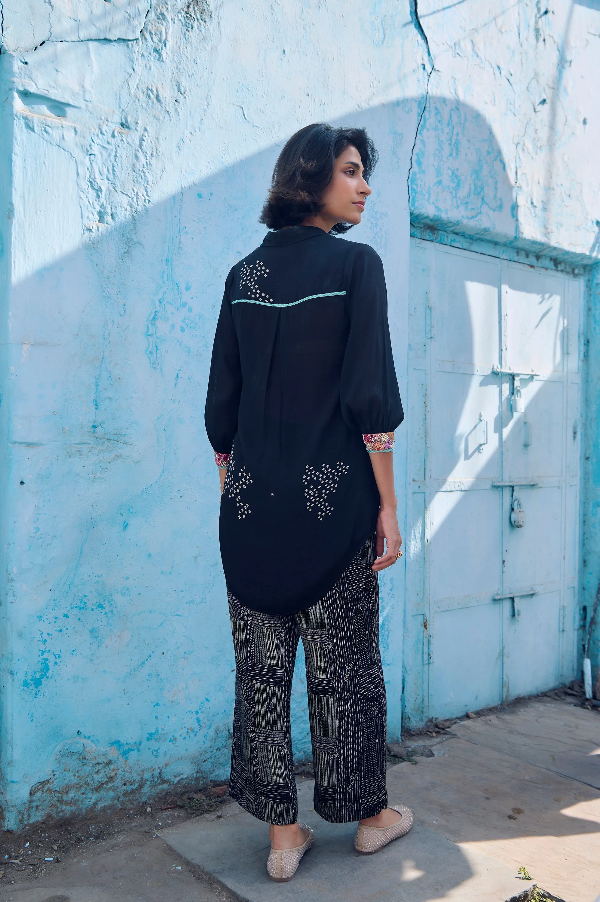 Safar Cuff Embroidered Black Shirt Co-Ord Set