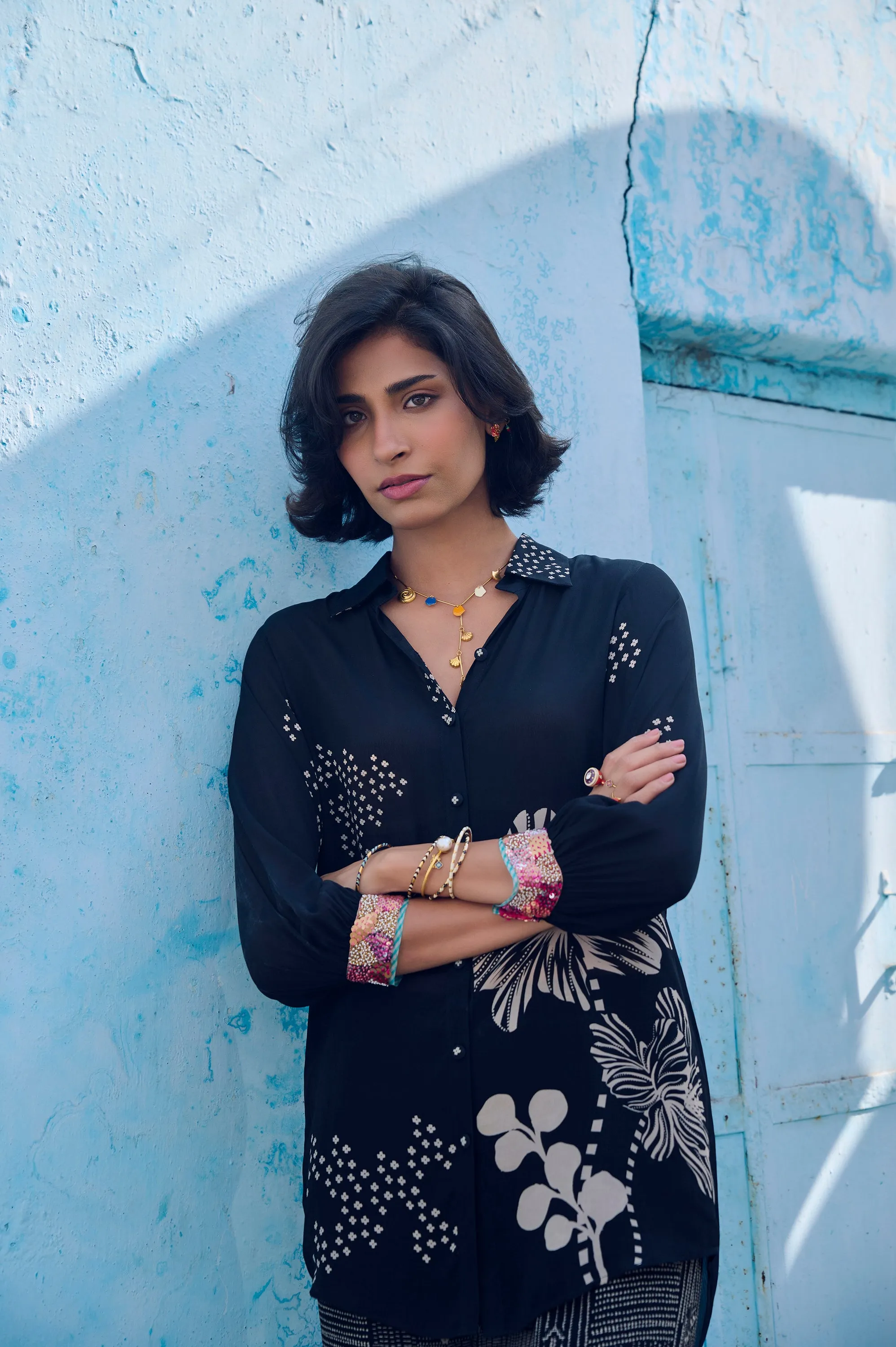 Safar Cuff Embroidered Black Shirt Co-Ord Set