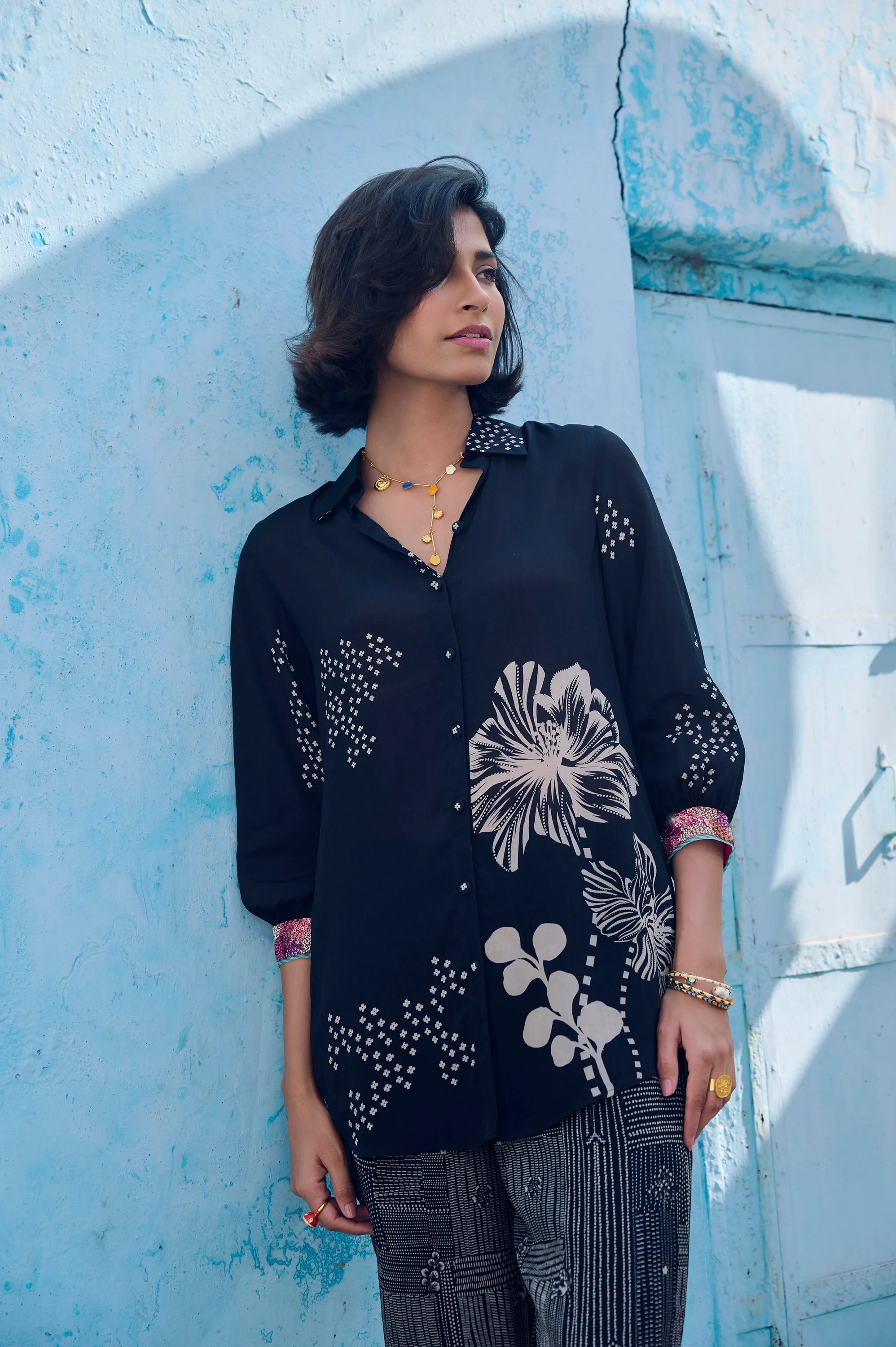 Safar Cuff Embroidered Black Shirt Co-Ord Set