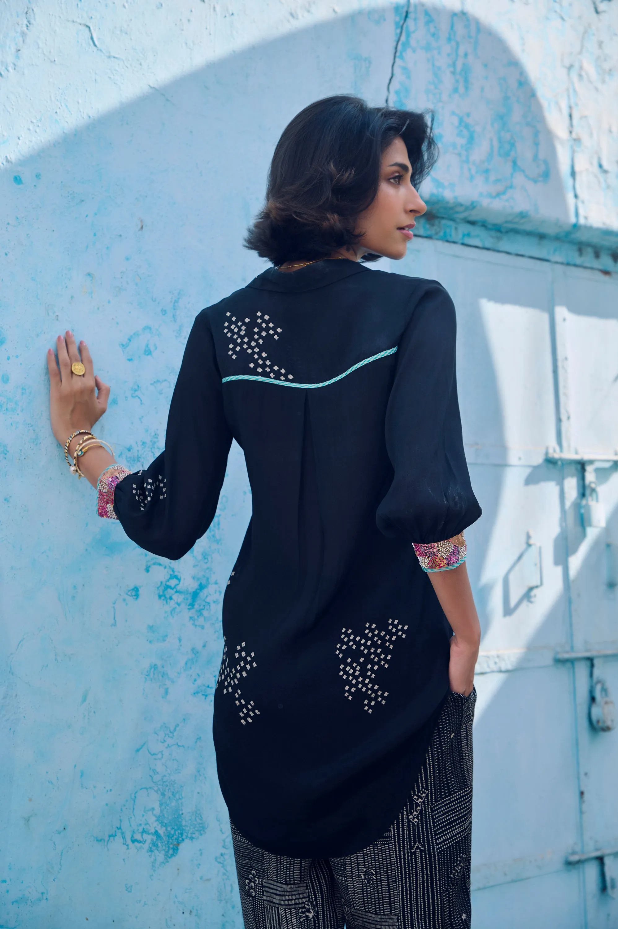 Safar Cuff Embroidered Black Shirt Co-Ord Set