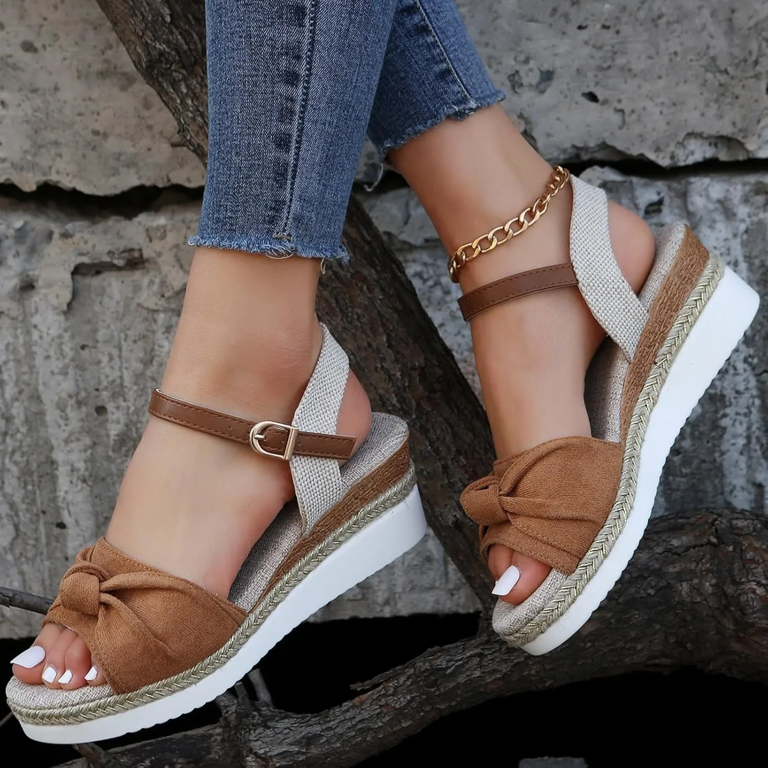 Sandals for Women 2025 Dressy Orthopedic Espadrilles Bowknot Design Wedge Platform Ajustable Ankle Strap Breathable Hemp Rope Heels Shoes Comfortable Summer Wear