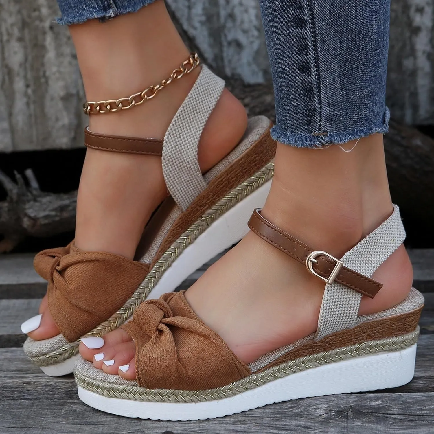Sandals for Women 2025 Dressy Orthopedic Espadrilles Bowknot Design Wedge Platform Ajustable Ankle Strap Breathable Hemp Rope Heels Shoes Comfortable Summer Wear