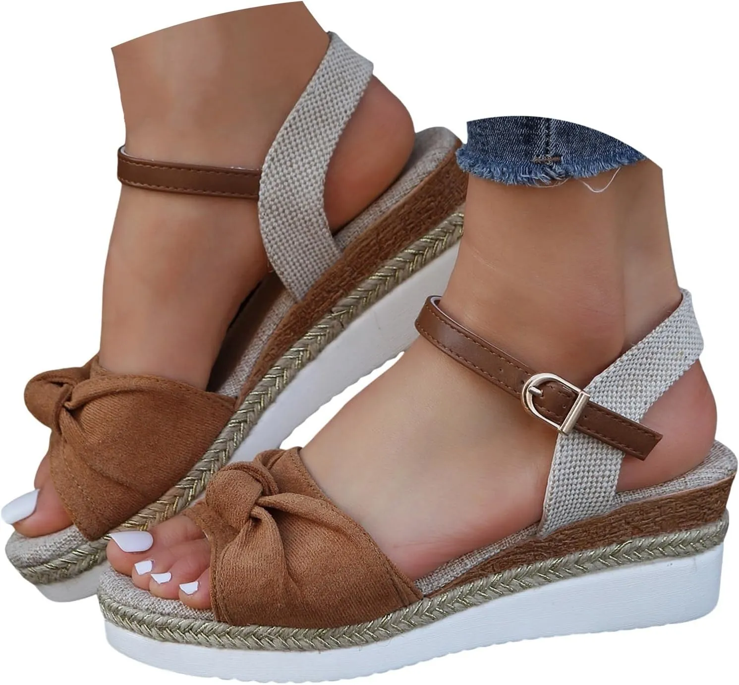 Sandals for Women 2025 Dressy Orthopedic Espadrilles Bowknot Design Wedge Platform Ajustable Ankle Strap Breathable Hemp Rope Heels Shoes Comfortable Summer Wear