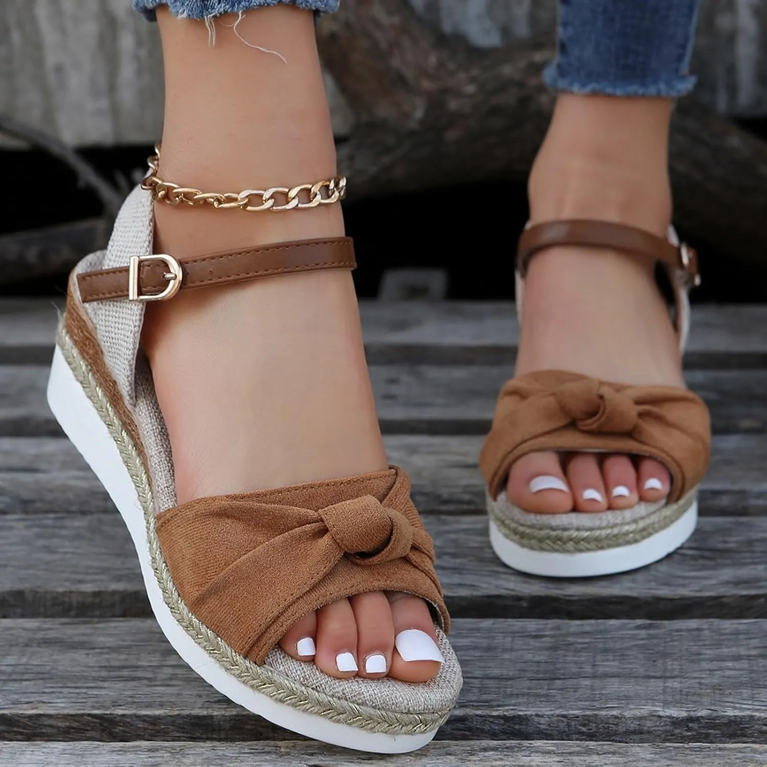 Sandals for Women 2025 Dressy Orthopedic Espadrilles Bowknot Design Wedge Platform Ajustable Ankle Strap Breathable Hemp Rope Heels Shoes Comfortable Summer Wear