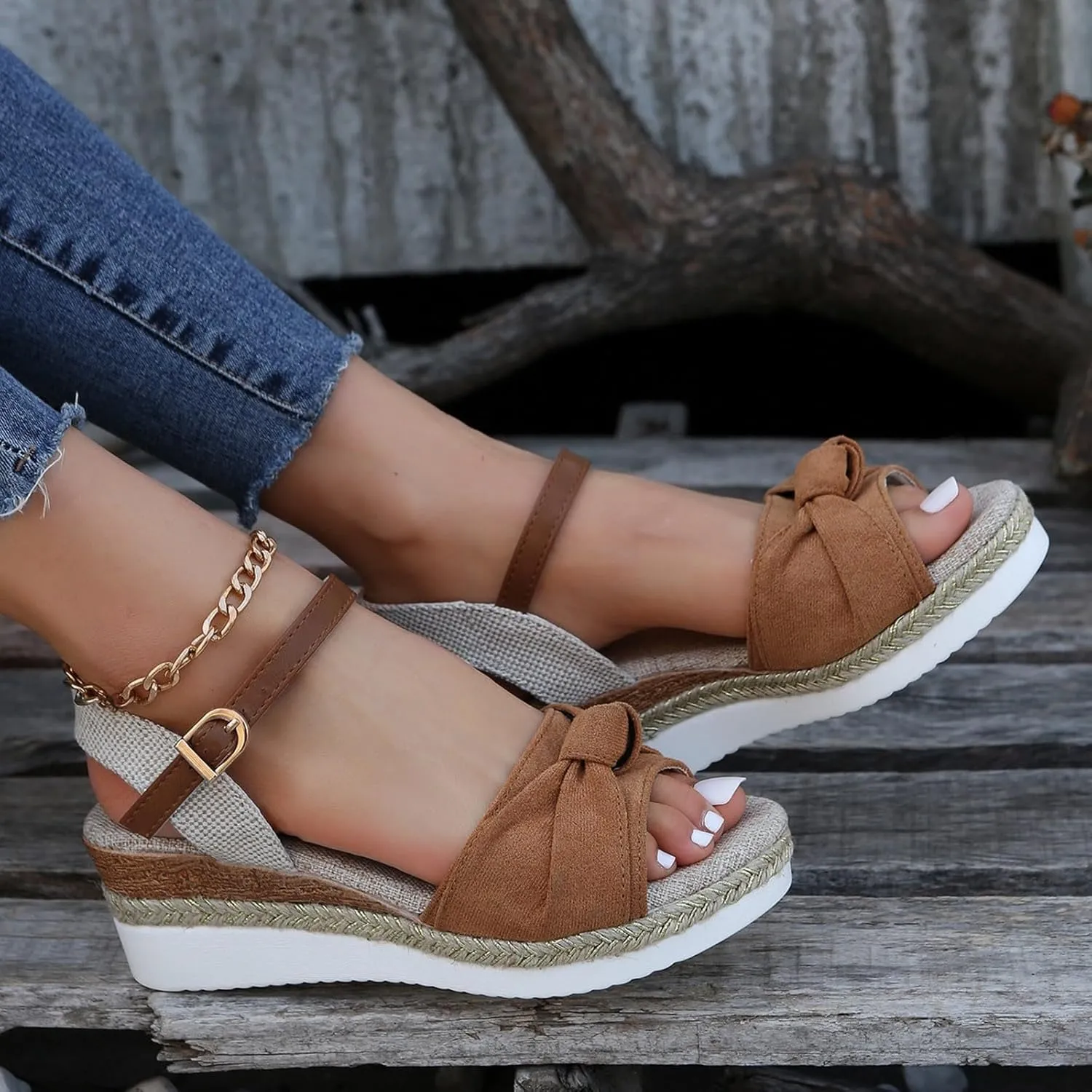 Sandals for Women 2025 Dressy Orthopedic Espadrilles Bowknot Design Wedge Platform Ajustable Ankle Strap Breathable Hemp Rope Heels Shoes Comfortable Summer Wear