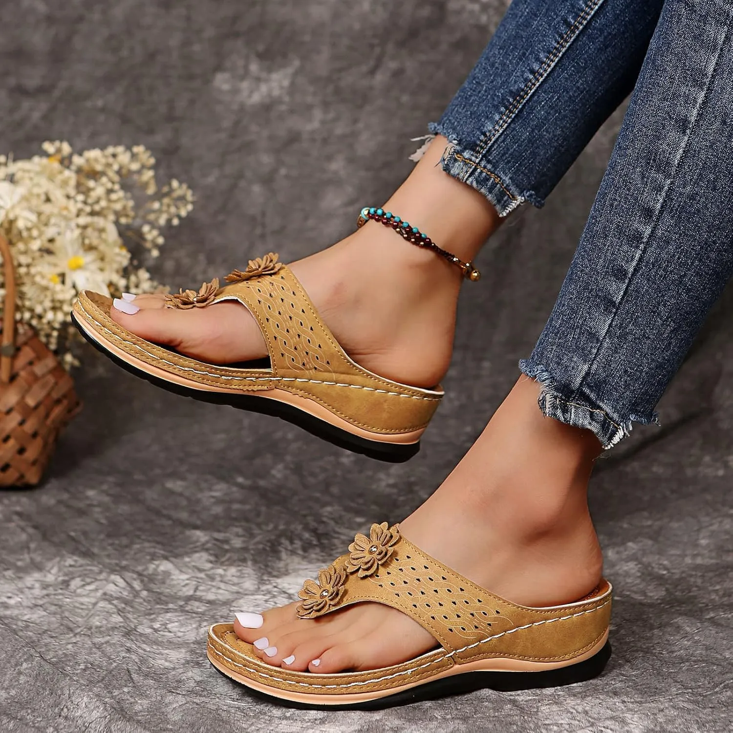 Sandals for Women, Yoga Mat Walking Wedge Thong Sandals with Plantar Fasciitis Arch Support Orthopedic Sandals
