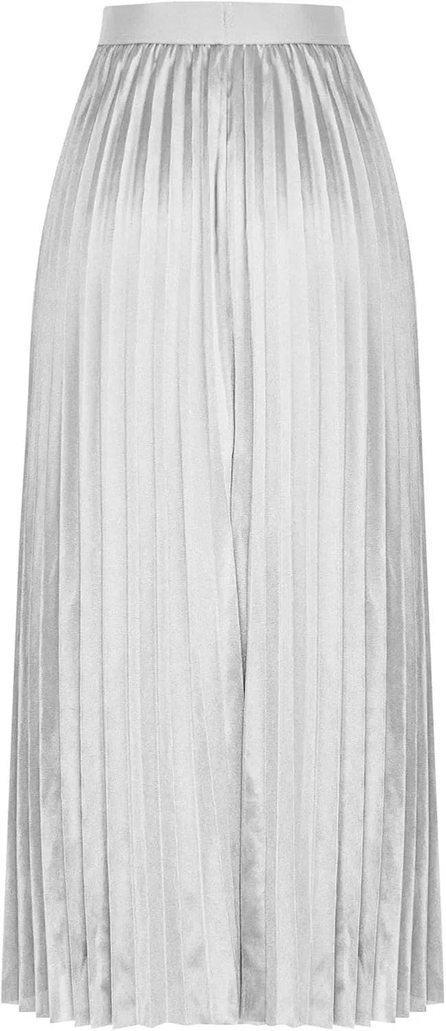 Satin Pleated Skirt Women A Line Flowy Skirts Plus Size Casual Skirts High Elastic Waist Maxi Skirts Versatile Skirt