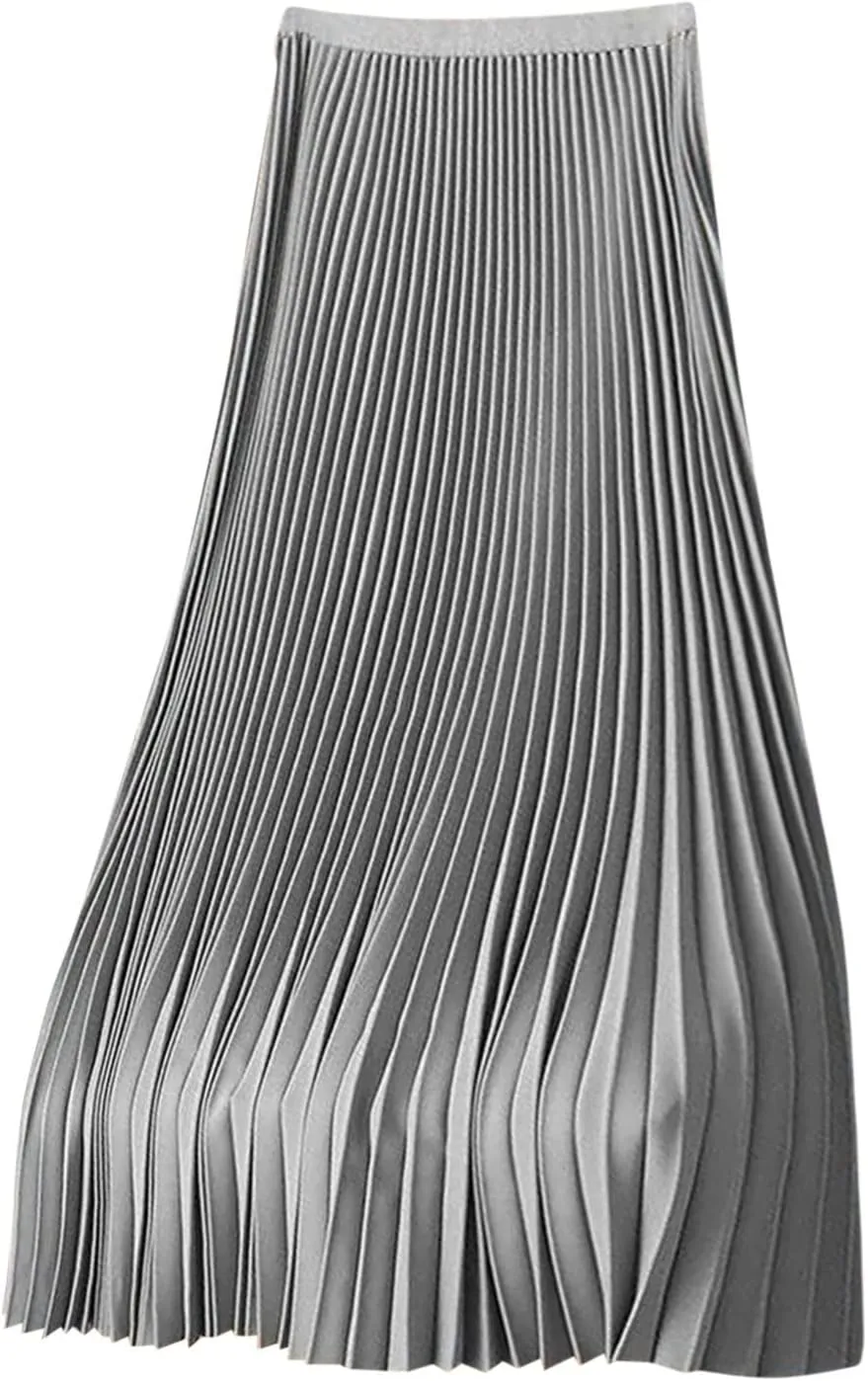 Satin Pleated Skirt Women A Line Flowy Skirts Plus Size Casual Skirts High Elastic Waist Maxi Skirts Versatile Skirt