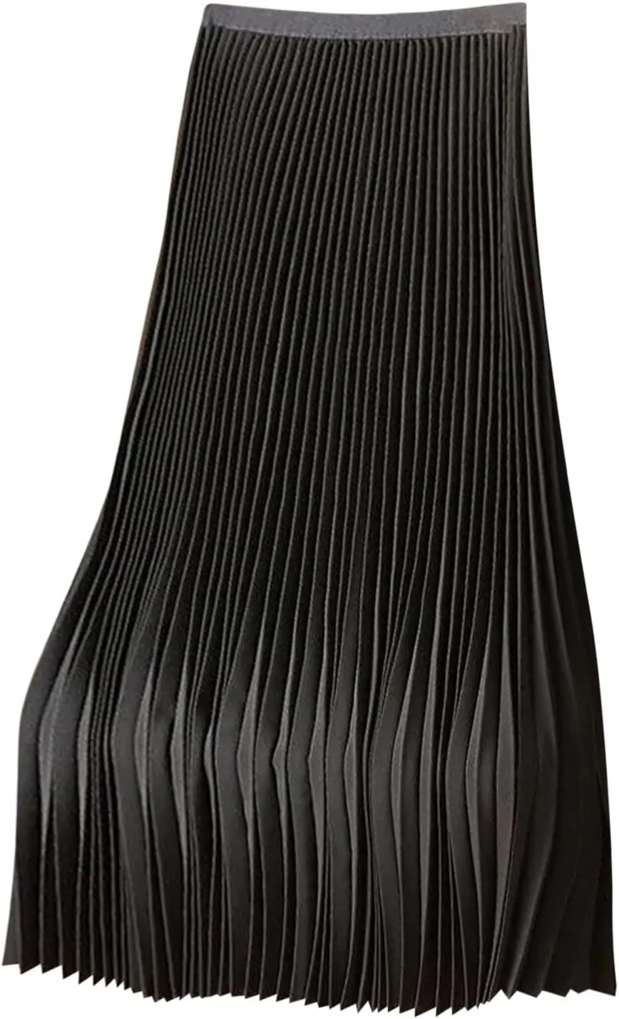 Satin Pleated Skirt Women A Line Flowy Skirts Plus Size Casual Skirts High Elastic Waist Maxi Skirts Versatile Skirt