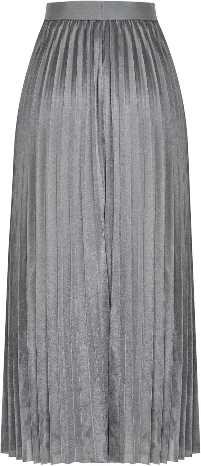 Satin Pleated Skirt Women A Line Flowy Skirts Plus Size Casual Skirts High Elastic Waist Maxi Skirts Versatile Skirt