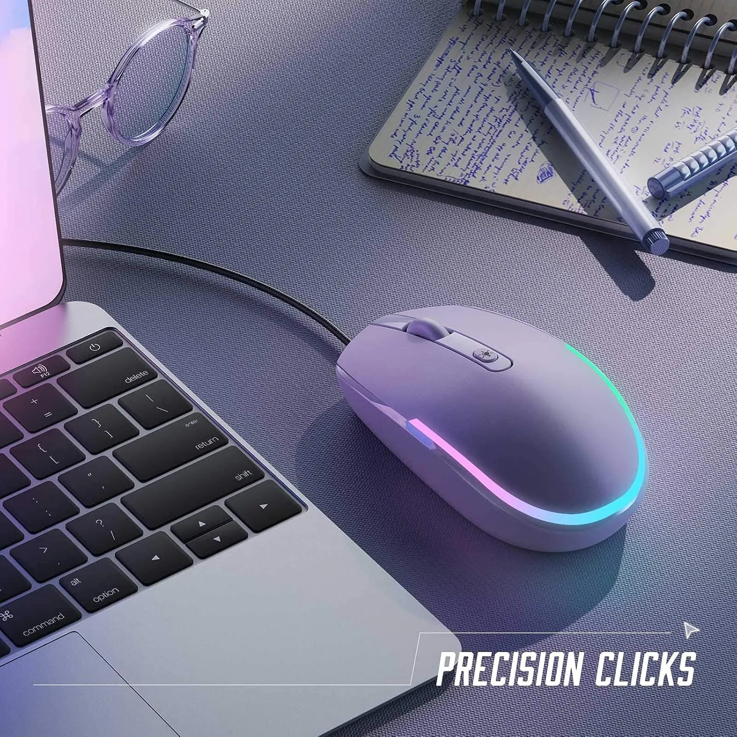 Seenda Wired Mouse - USB Computer Mouse with RGB Backlit Optical LED, Attached USB Cord for Laptops, Notebooks, Chromebook - Purple
