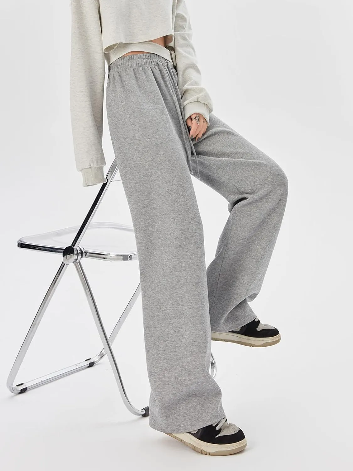 SHEKINI Wide Leg Sweat Pants for Women Baggy Sweatpants High Wasited Casual Drawstring Lounge Trousers with Pockets