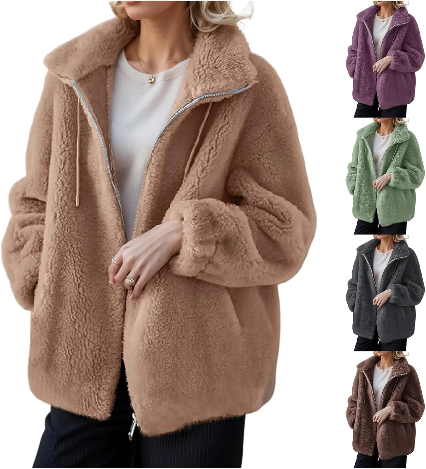 Sherpa Jackets for Women Fuzzy Fleece Zip Up Hoodie Oversized Winter Warm Teddy Coats Outdoor Outerwear