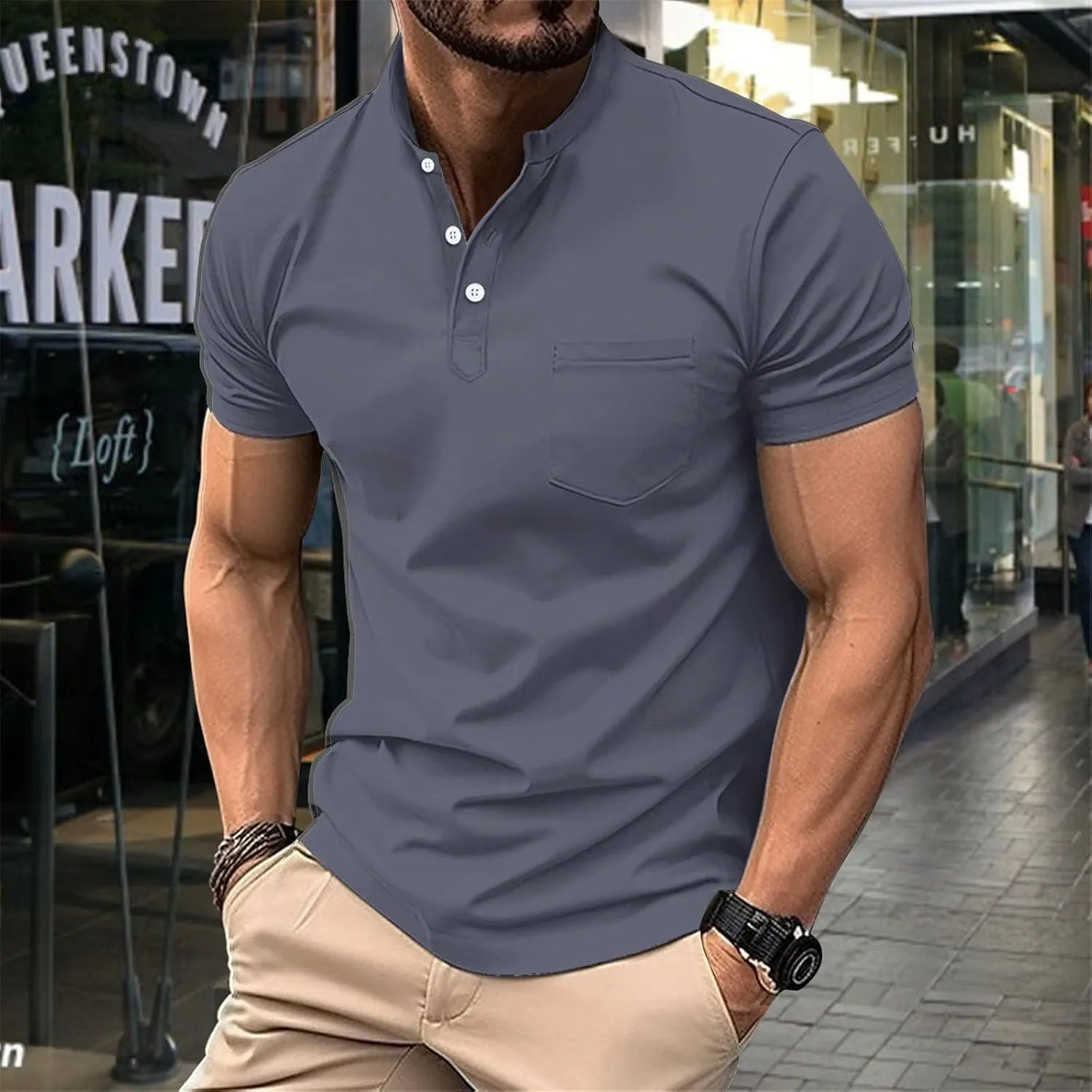 Short Sleeve Muscle Henley T-Shirts for Men Casual Cotton Gym Workout Athletic V Neck Tees Quick Dry Summer Work Polo Shirts