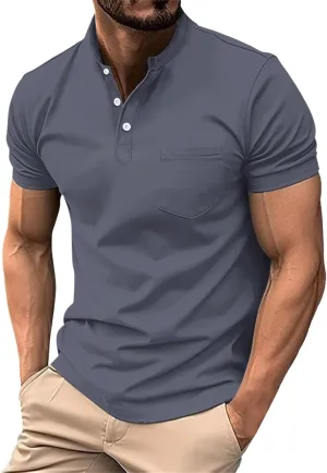 Short Sleeve Muscle Henley T-Shirts for Men Casual Cotton Gym Workout Athletic V Neck Tees Quick Dry Summer Work Polo Shirts