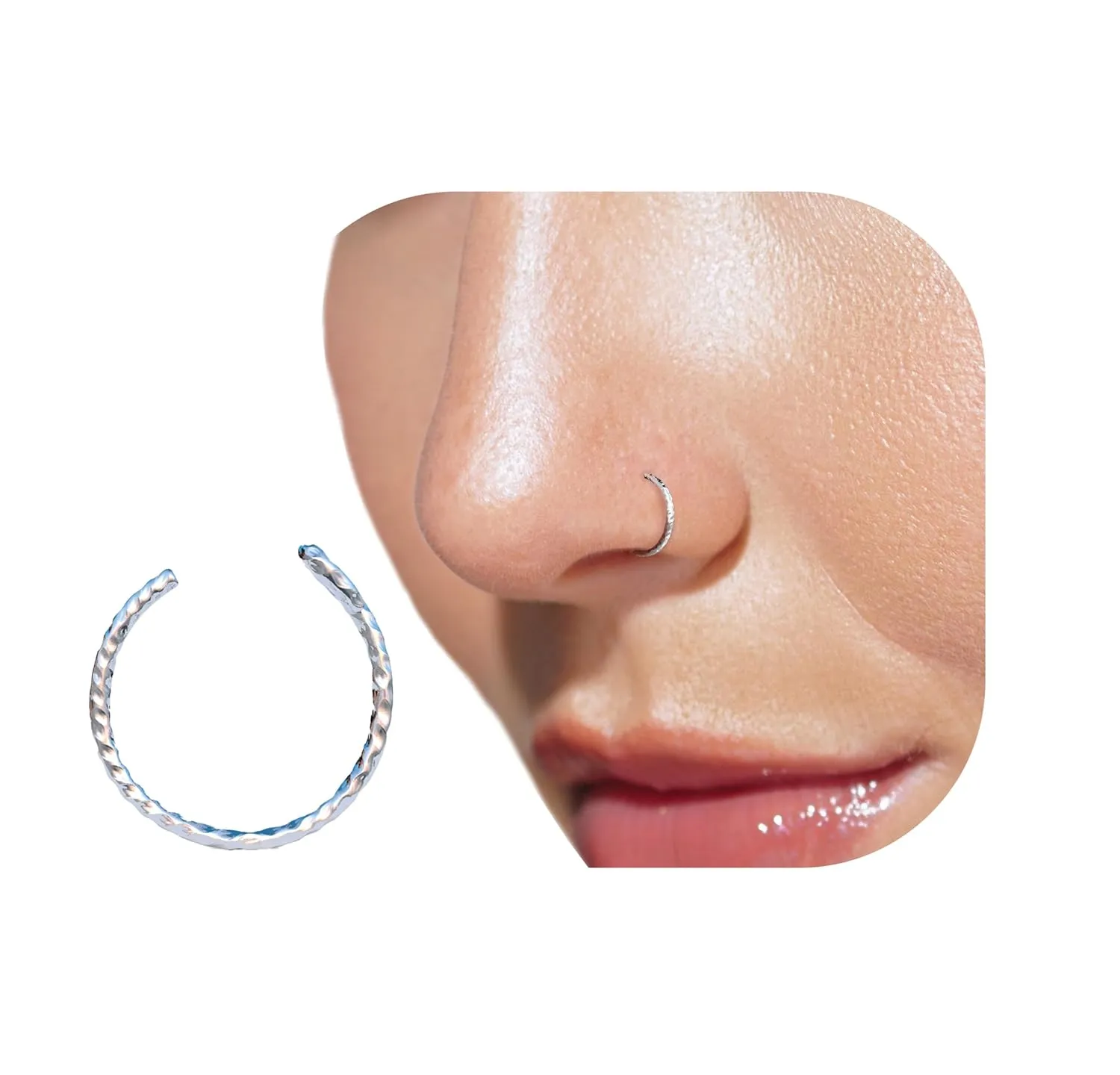 Silver Fake Nose Ring 20 Gauge Clip-On Hammered 925 Sterling Silver Nostril Cuff Handmade Glistening Non-Piercing Hoop