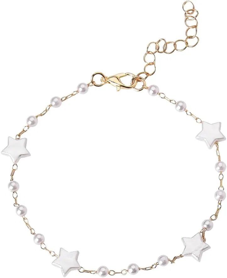Sisadodo Pearl Beaded Ankle Bracelet for Women Girls Star Heart Beaded Pearl Bracelet Anklet for Girls Beach Pearl Anklet for Girls