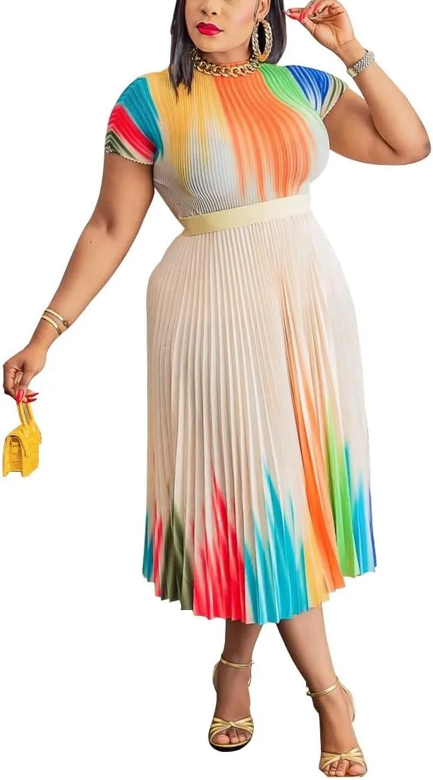 Skirt Sets Women 2 Piece Outfits Plus Size Short Sleeve Top Shirts and High Waisted Pleated Midi Skirt