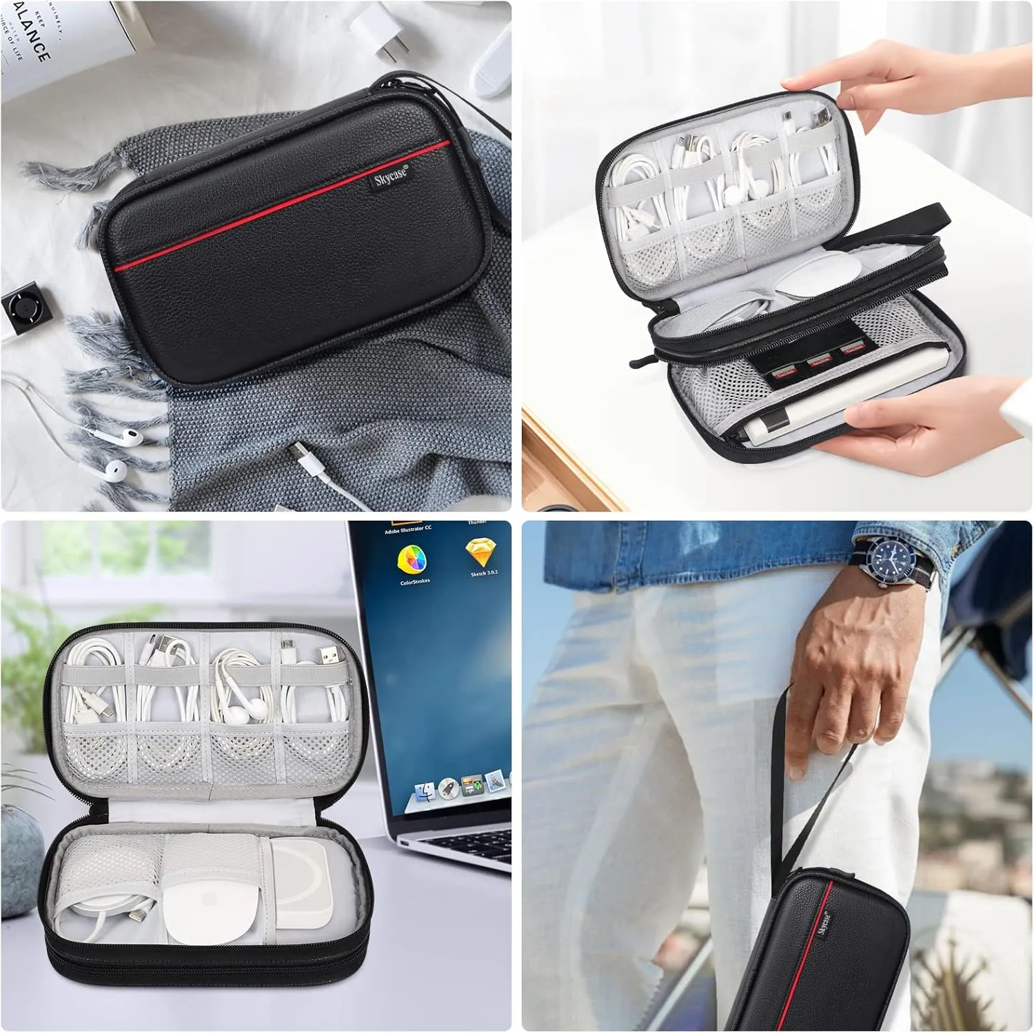 Skycase Electronic Organizer, [Cowhide Genuine Leather] Cable Organizer Travel Case,All-in-One Electronics Accessories Cases for Cables, Chargers, USB,Earphones, Hard Drives, Power Banks,Black