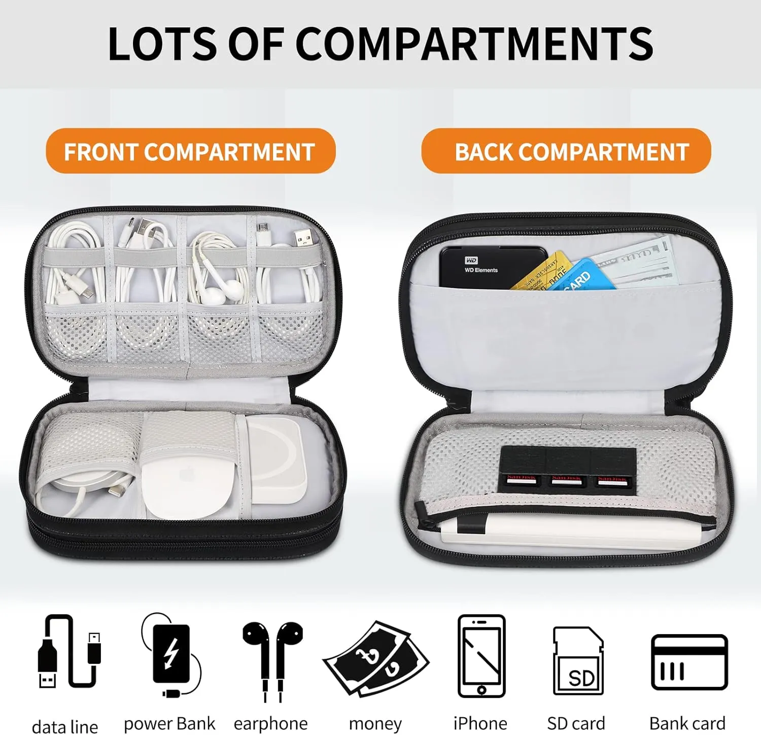 Skycase Electronic Organizer, [Cowhide Genuine Leather] Cable Organizer Travel Case,All-in-One Electronics Accessories Cases for Cables, Chargers, USB,Earphones, Hard Drives, Power Banks,Black