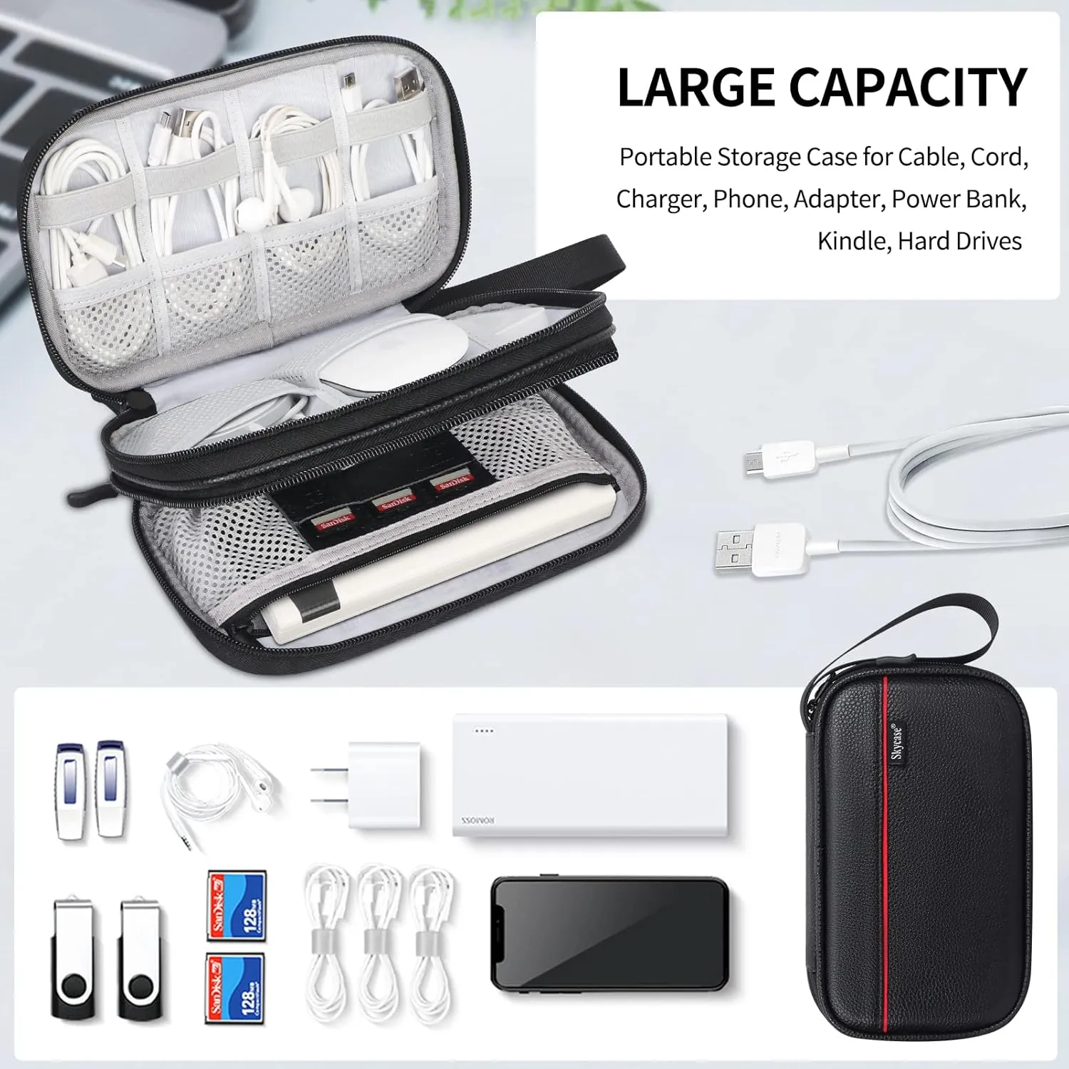Skycase Electronic Organizer, [Cowhide Genuine Leather] Cable Organizer Travel Case,All-in-One Electronics Accessories Cases for Cables, Chargers, USB,Earphones, Hard Drives, Power Banks,Black