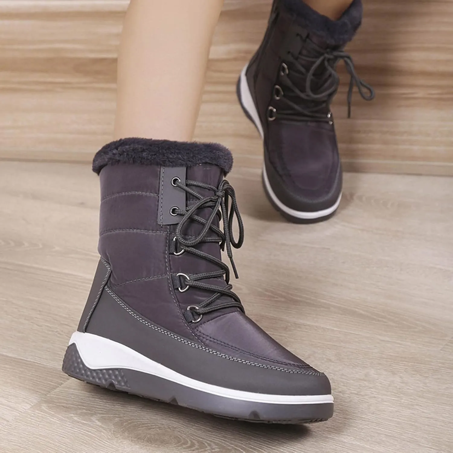 Slip on Winter Boots for Women Wide Womens Waterproof Snow Boots Knee High Women's Leather Winter Boots White Tall Snow Boots for Women White Botas Invierno Mujer Elegantes