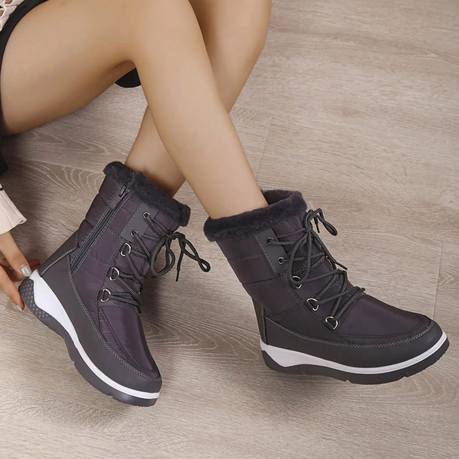 Slip on Winter Boots for Women Wide Womens Waterproof Snow Boots Knee High Women's Leather Winter Boots White Tall Snow Boots for Women White Botas Invierno Mujer Elegantes