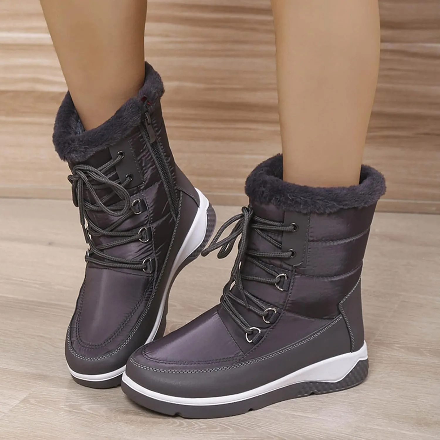 Slip on Winter Boots for Women Wide Womens Waterproof Snow Boots Knee High Women's Leather Winter Boots White Tall Snow Boots for Women White Botas Invierno Mujer Elegantes