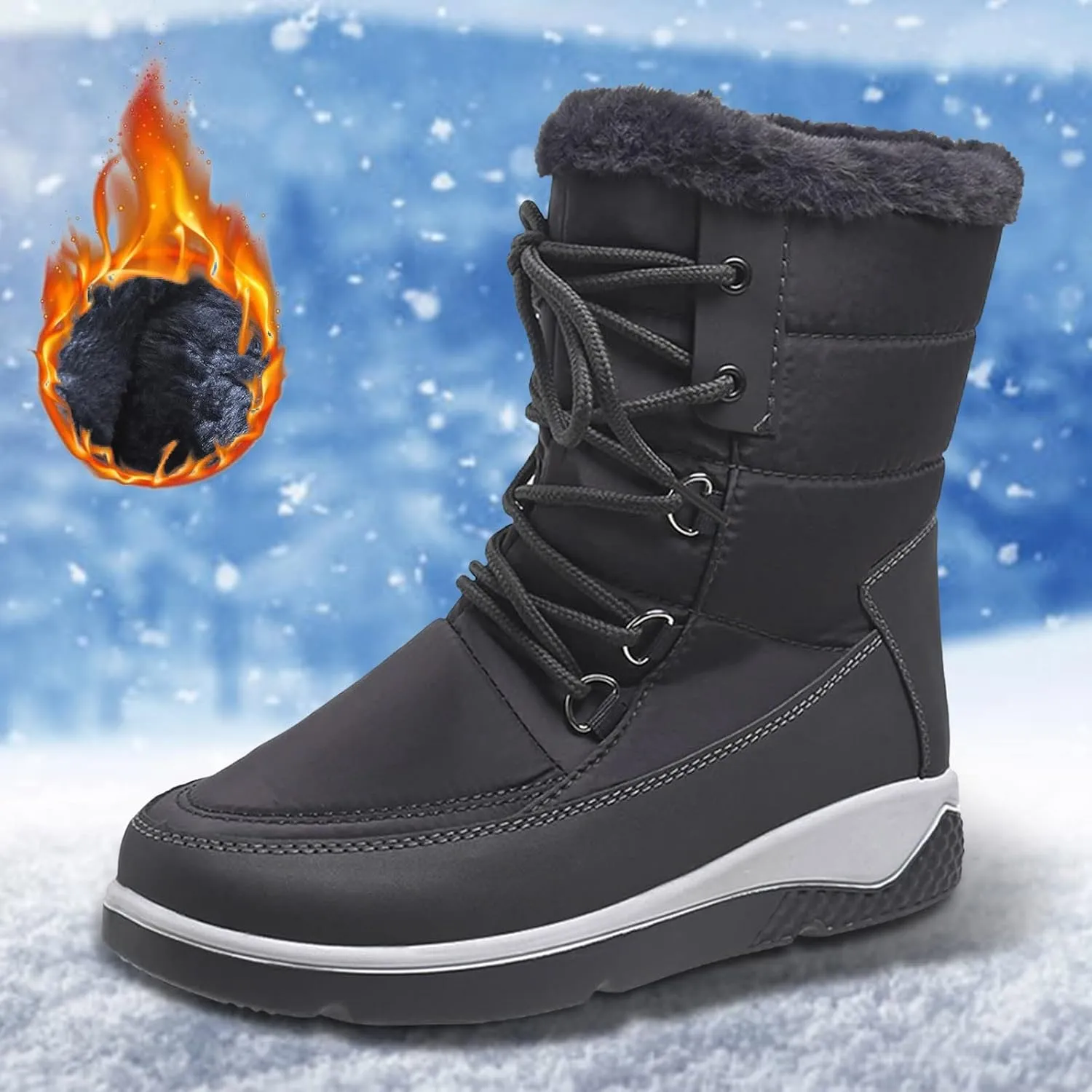 Slip on Winter Boots for Women Wide Womens Waterproof Snow Boots Knee High Women's Leather Winter Boots White Tall Snow Boots for Women White Botas Invierno Mujer Elegantes