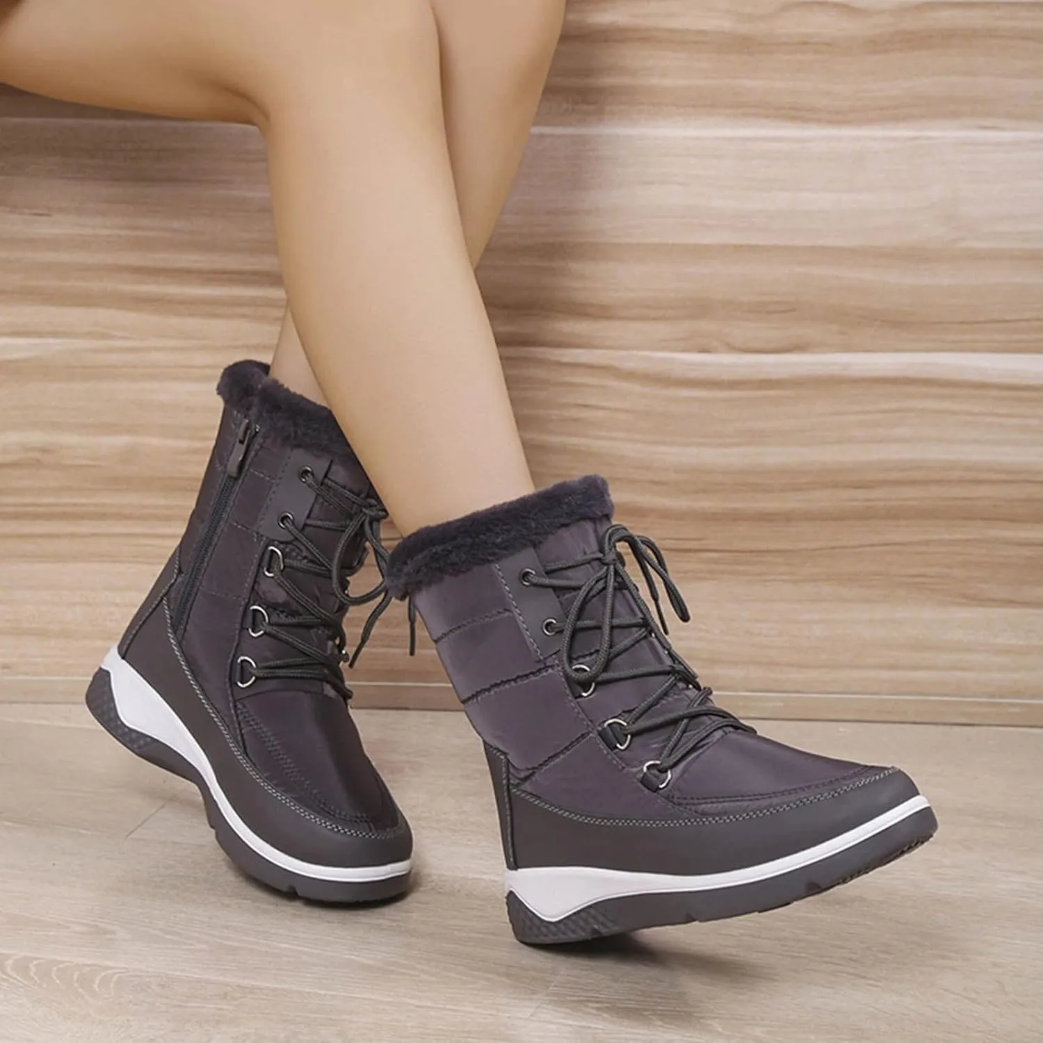 Slip on Winter Boots for Women Wide Womens Waterproof Snow Boots Knee High Women's Leather Winter Boots White Tall Snow Boots for Women White Botas Invierno Mujer Elegantes
