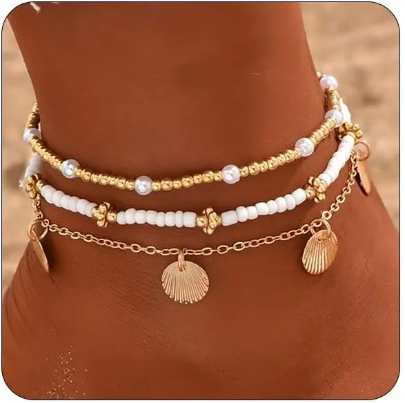 Stack Anklets Ankle Bracelets for Women Adjustable Waterproof Beach Jewelry Set Boho Gold Seashell Bead Surf Foot Chain Summer Gifts