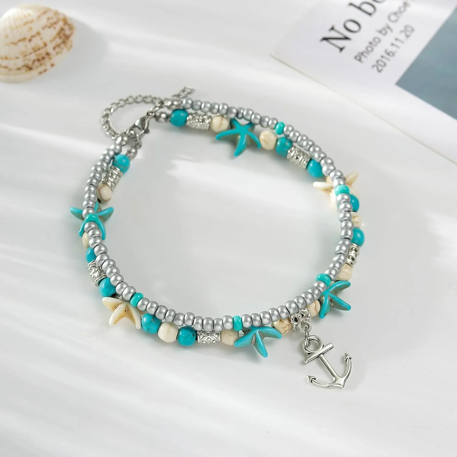 Starain Blue Turtle Anklets for Women Multilayer Beads Handmade Beach Ankle Bracelet Set Boho Foot Jewelry