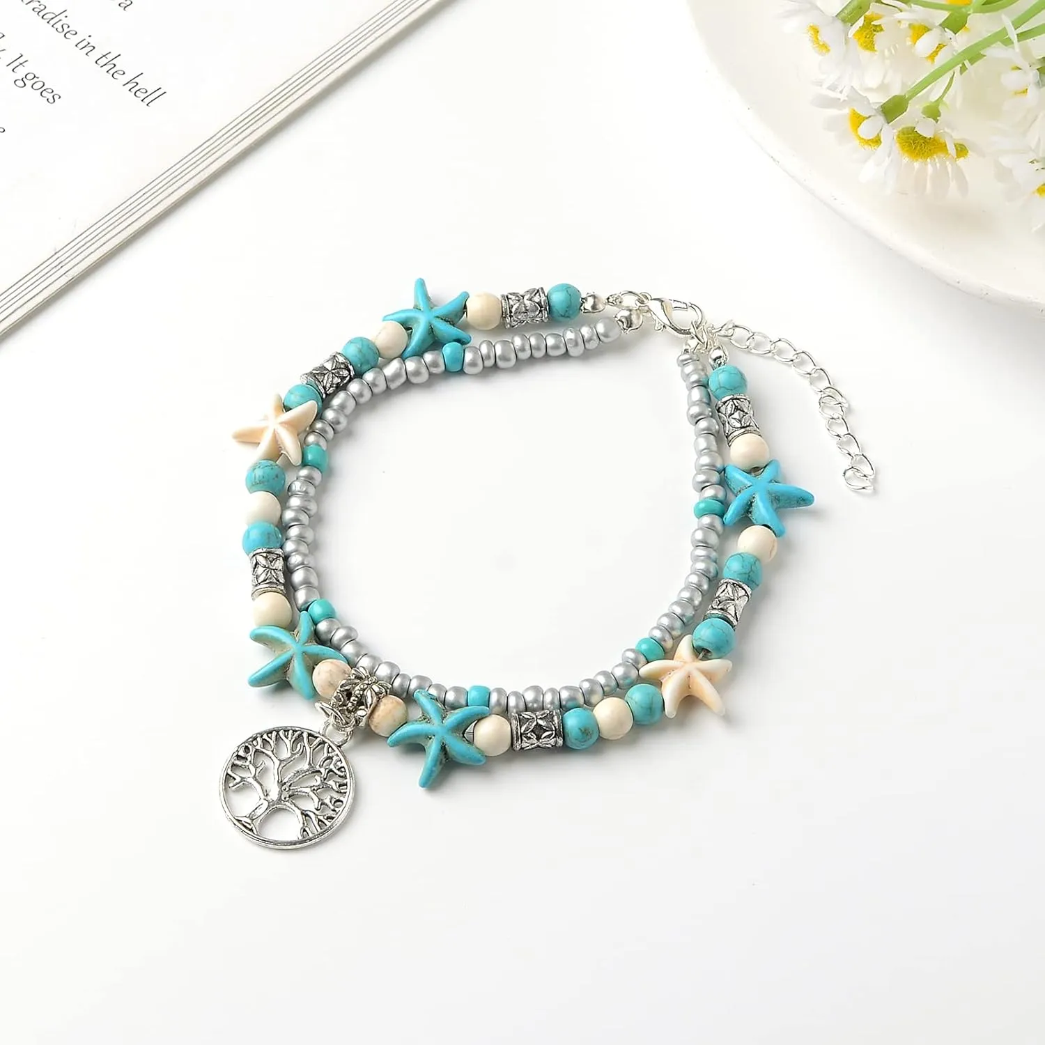 Starain Blue Turtle Anklets for Women Multilayer Beads Handmade Beach Ankle Bracelet Set Boho Foot Jewelry